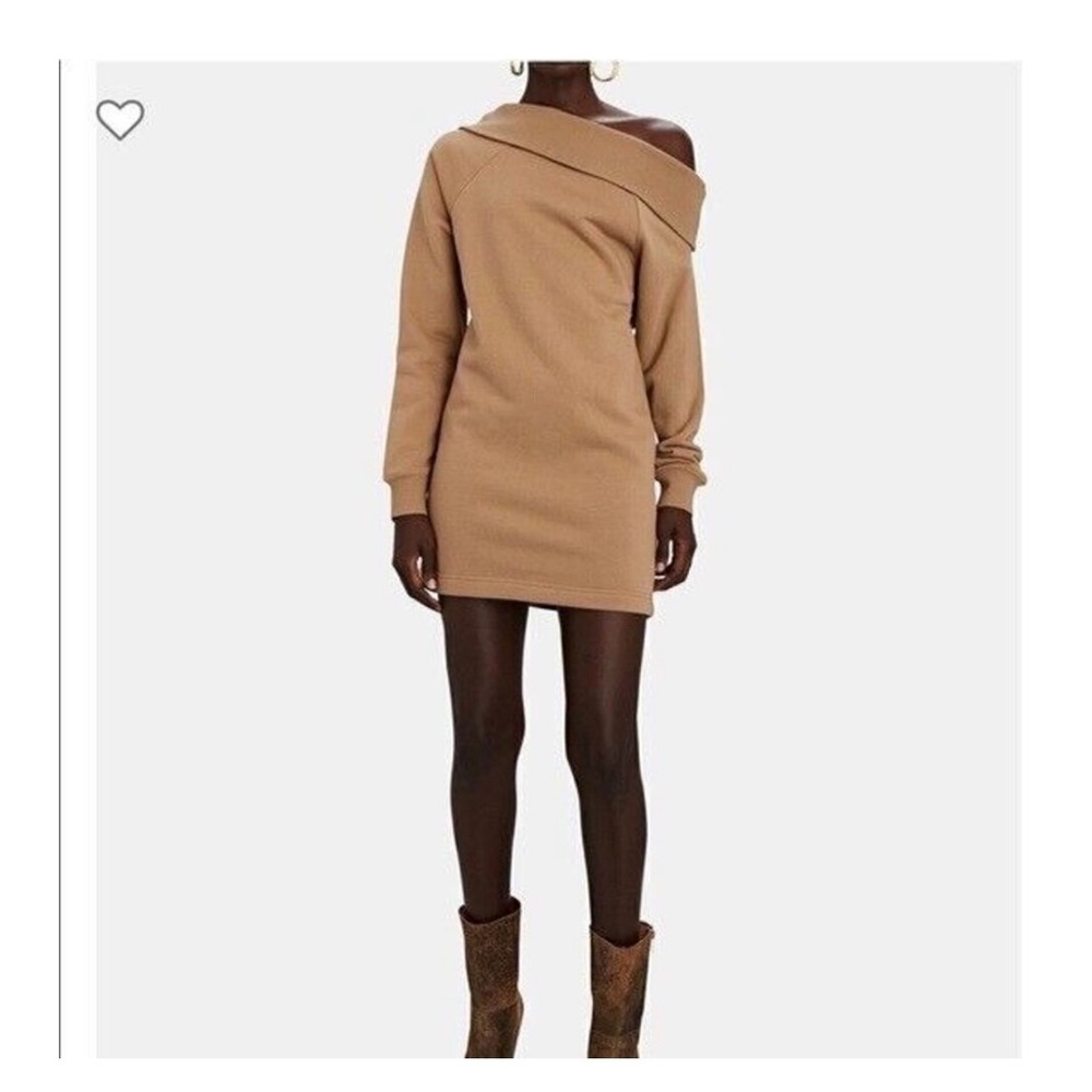 Marissa Webb Sweatshirt Dress Womens S Tan Off Shoulder Asymmetric Mini Fleece